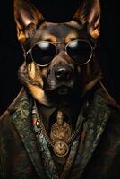 ai generato cane, Tedesco pastore, vestito nel un' moderno completo da uomo con giacca. moda ritratto di un antropomorfo foto