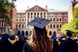 ai generato indietro Visualizza di un' gruppo di studenti a la laurea con la laurea cappucci. generativo ai. foto