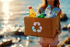 ai generato mani Tenere un' raccolta differenziata scatola pieno con vario riciclabile elementi su spiaggia ..ambiente giorno concetto. generativo ai foto