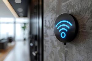 ai generato un' Wi-Fi extender IoT , blu Wi-Fi simbolo, collegato inteligente casa.ai generativo foto