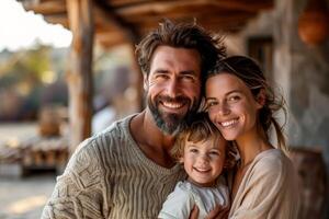 ai generato contento famiglia in piedi su loro casa e abbracciare. acquisto casa di sognare. mutuo, casa prestito concetto. generativo ai foto