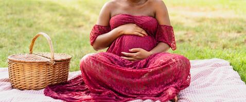 africano donna carezzevole sua incinta pancia mentre fare un' picnic nel parco - maternità stile di vita concetto foto