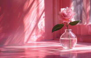ai generato rosa rosa nel un' vaso su rosa sfondo foto