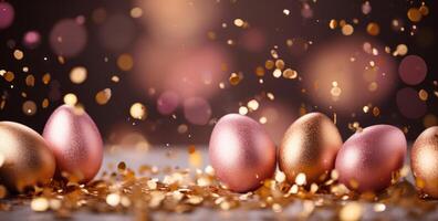 ai generato un Immagine di oro decorato uova scoppiando attraverso rosa aria foto