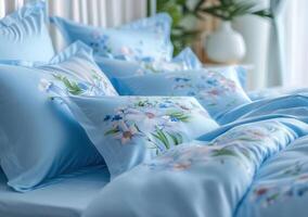 ai generato letto vestito con blu lenzuola e cuscini con fiori foto