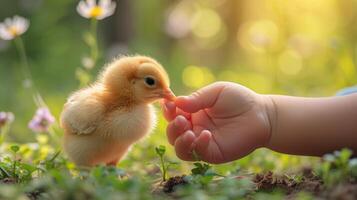 ai generato un' piccolo mano alimentazione un' uccello, insegnamento gentilezza e connessione con tutti vivente esseri. foto