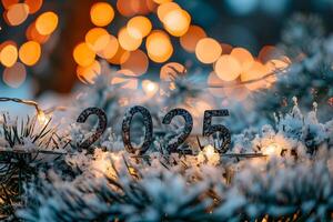 ai generato cifre 2025 circondato con Natale decorazioni per nuovo anno celebrazione foto