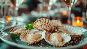 ai generato scaloppine nel conchiglie su un' piatto menzogna su il tavolo nel un' lusso pesce ristorante foto