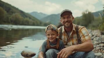 ai generato papà e figlio siamo seduta su il fiume banca pesca. essi Sorridi e Guarda a il telecamera foto