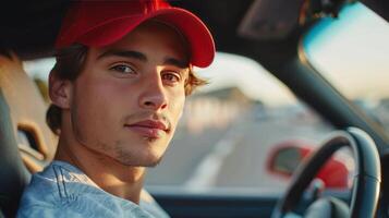 ai generato un' giovane bello tipo nel un' rosso baseball berretto si siede dietro a il ruota di un' gli sport auto e sembra in il telecamera, sorridente foto