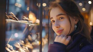 ai generato un' bellissimo giovane ragazza nel un' viola cappotto esamina un' squillare nel il finestra di un' gioielleria memorizzare foto