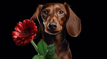 ai generato un' bassotto cane Tenere un' rosso fiore foto