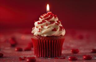 ai generato vicino su di un' Cupcake con un' candela nel il mezzo foto