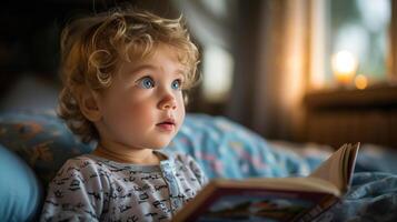 ai generato un' giovane bambino nel pigiama, intensamente ascoltando per un' di andare a dormire storia, affascinato di racconti di avventura foto