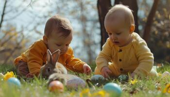 ai generato bambini su il erba giocando con Pasqua uova e conigli foto