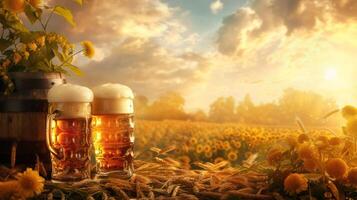 ai generato un' vivace oktoberfest celebrazione sfondo, con tradizionale bavarese arredamento, schiumoso birra boccali foto