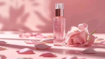 ai generato un' trasparente, bellissimo bottiglia di viso siero senza un' marca sta su un' leggero rosa minimalista sfondo foto
