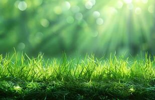 ai generato erba campo con un' verde erba e sole raggi foto
