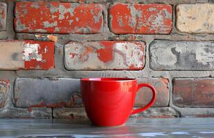 ai generato rosso caffè tazza su bianca tavolo contro un' mattone parete foto