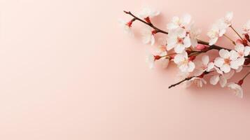 ai generato un' sbalorditivo ciliegia fiorire ramo adorna il sinistra lato di un' minimalista leggero rosa sfondo, in partenza ampio spazio per testo. foto