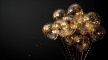 ai generato telaio di oro e trasparente gonfiabile palloncini con luccichio su un' minimalista nero sfondo foto