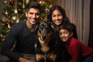 ai generato famiglia Natale ritratto con animale domestico cane foto