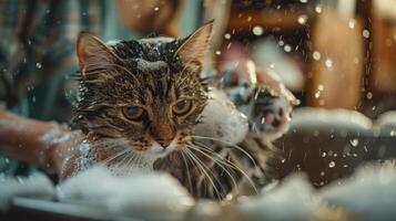 ai generato un' giovane donna lavaggi un' gatto nel il lavabo. il gatto è tutti bagnato e coperto nel shampoo schiuma foto