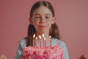 ai generato contento vestito su dieci anno vecchio ragazza soffiaggio su candele su luminosa rosa festivo compleanno torta foto