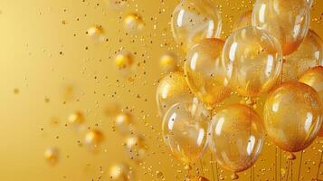 ai generato telaio di oro e trasparente gonfiabile palloncini con luccichio su un' minimalista giallo sfondo foto