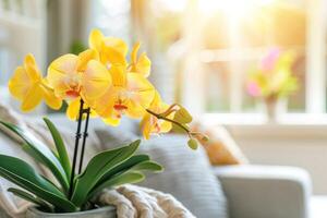 ai generato bellissimo giallo orchidea fiore avvicinamento nel il interno. indietro Visualizza di sfocato leggero sfondo di moderno vivente camera foto