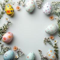 ai generato minimalista Pasqua sfondo con colorato uova, fiori, e ampio testo spazio. foto