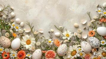 ai generato un Pasqua floreale sfondo con un' varietà di uova e gusci d'uovo ornato con naturale botanico elementi foto