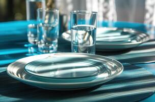 ai generato un' blu cena tavolo con Due piatti e acqua bicchieri su esso foto