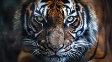 ai generato intenso avvicinamento di un' selvaggio di tigre penetrante sguardo, trasudante energia e grazia foto