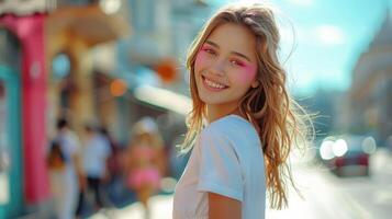 ai generato un' giovane ragazza nel un' luminosa rosa gonna e un' bianca maglietta con luminosa rosa trucco e alto bianca scarpe da ginnastica sta sorridente foto