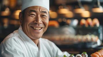 ai generato un' sorridente giapponese chef, ornato nel tradizionale abbigliamento, sguardi calorosamente in il telecamera mentre Tenere un' Sushi rotolo foto