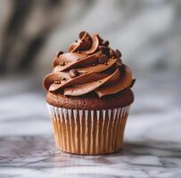 ai generato un Immagine di Cupcake con cioccolato glassa, liscio superficie foto