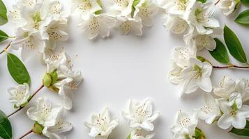 ai generato astratto bellissimo minimalista sfondo vuoto nel il centro e con bianca rododendro fiori foto