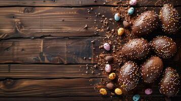 ai generato cioccolato Pasqua uova su un' di legno sfondo foto