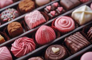 ai generato San Valentino giorno cioccolato scatola pieno di caramelle e biscotti foto