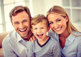 ai generato padre madre e figlio avendo divertimento a casa, famiglia foto