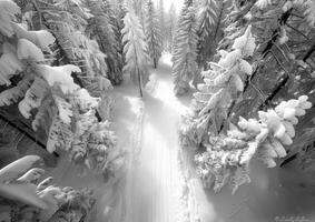 ai generato un' nevoso strada nel il alberi congelato nevoso paesaggio foto