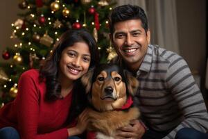 ai generato famiglia Natale ritratto con animale domestico cane foto