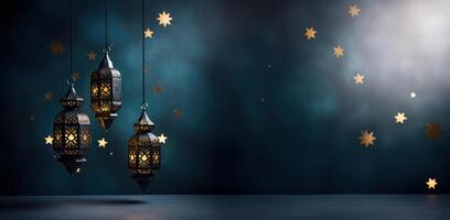ai generato tre Ramadan lanterne sospeso su un' blu sfondo foto