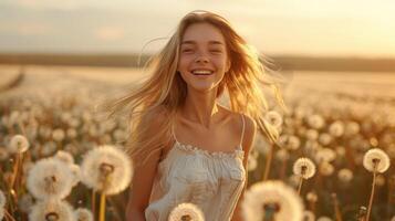 ai generato un' bellissimo giovane ragazza nel un' leggero biancheria prendisole e lungo biondo capelli corre attraverso un' campo di denti di leone e sorrisi foto