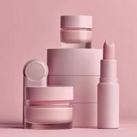 ai generato un' impostato di cosmetici nel Opaco rosa toni senza un' marca sta su un' minimalista rosa sfondo foto