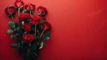 ai generato mazzo di rosso Rose su il sinistra su un' rosso minimalista sfondo foto