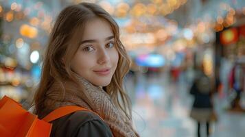 ai generato un' bellissimo giovane ragazza nel un' viola cappotto esamina un' squillare nel il finestra di un' gioielleria memorizzare foto