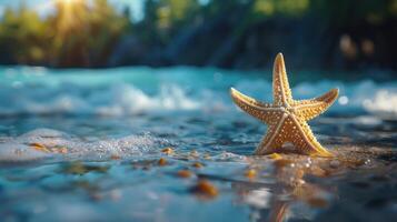 ai generato stella marina su il spiaggia con copia spazio. estate tempo foto