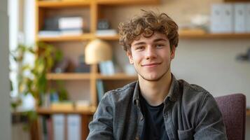 ai generato un' giovane uomo si siede nel un' sedia a un' consultazione con un' psicoterapeuta. lui sembra a il telecamera sorridente foto